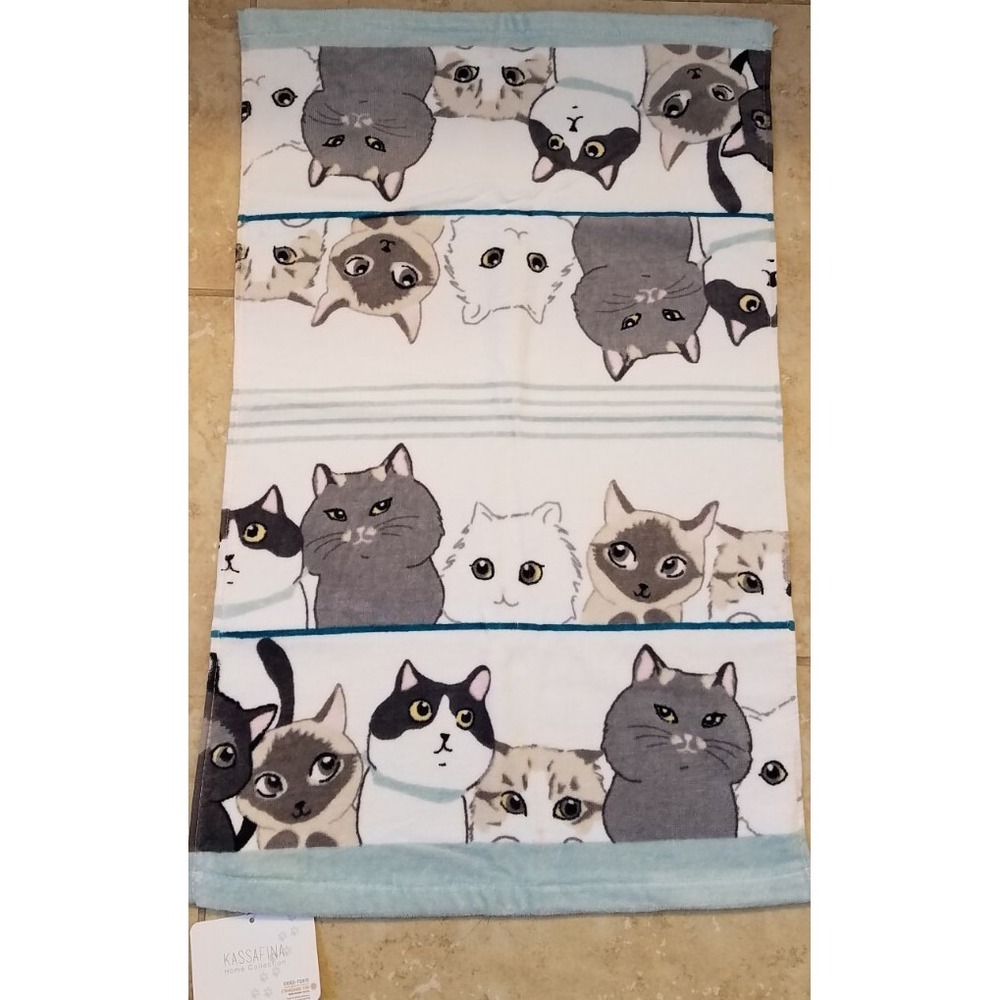 Kassafina Hand Towel 16x26 Cats Faces Lt‎ Blue NEW